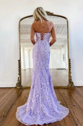 Purple Mermaid Sweetheart Neck Long Prom Dresses With Lace Appliques